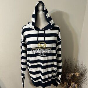 NWT Star Venezia ITALIA Women Navy White Striped Pullover Hoodie Top Cotton XXL